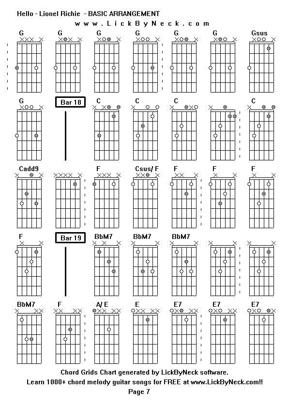 Chord Grids Chart of chord melody fingerstyle guitar song-Hello - Lionel Richie  - BASIC ARRANGEMENT,generated by LickByNeck software.